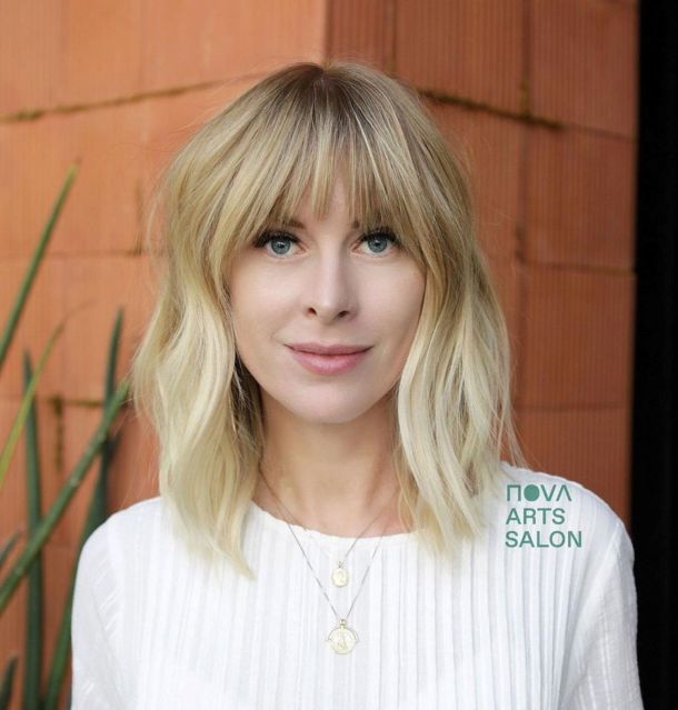 Shaggy Blonde Lob with Choppy Bangs