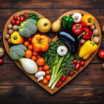 heart shaped cutting board with heart health diet and vegetables