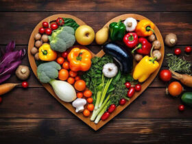 heart shaped cutting board with heart health diet and vegetables