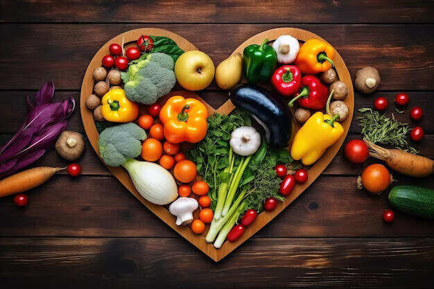 heart shaped cutting board with heart health diet and vegetables