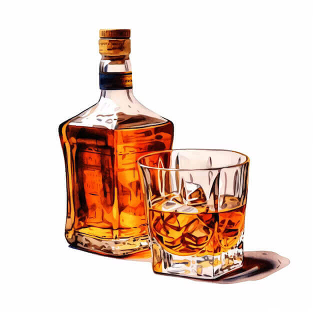 bottle whiskey glass ice are white background