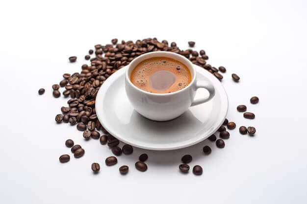 cup coffee with coffee beans around saucer isolated white background