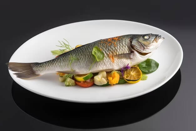 healthy fish food with vegetables white plate restaurant sea delicacies