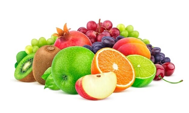 heart healthy diet heap different fruits berries isolated white background