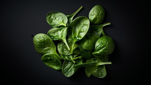 pile spinach health food black background