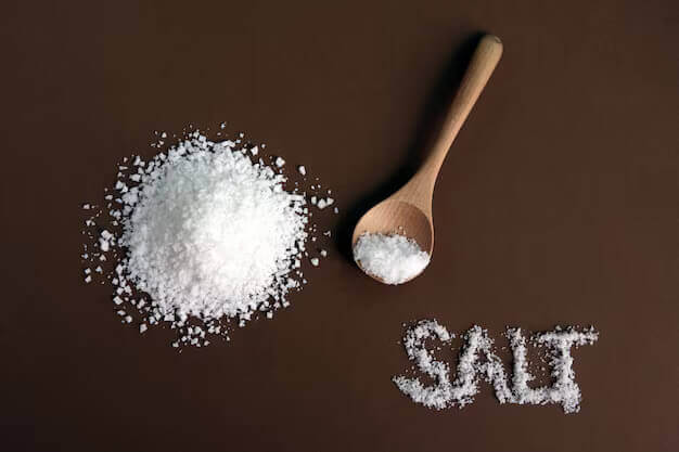 white sea sodium salt with wooden spoon brown